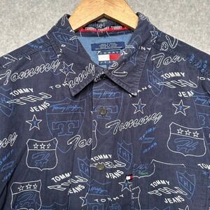 VTG Y2K Tommy Hilfiger Jeans Mens Corduroy All Over Logo Button Up Shirt Size L